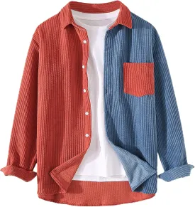 UANEO Mens Shacket Patchwork Long Sleeve Button Down Corduroy Shirts for Men