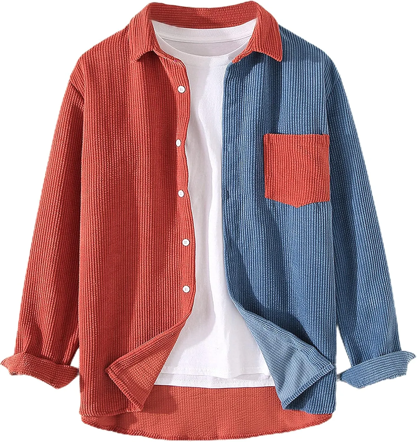 UANEO Mens Shacket Patchwork Long Sleeve Button Down Corduroy Shirts for Men