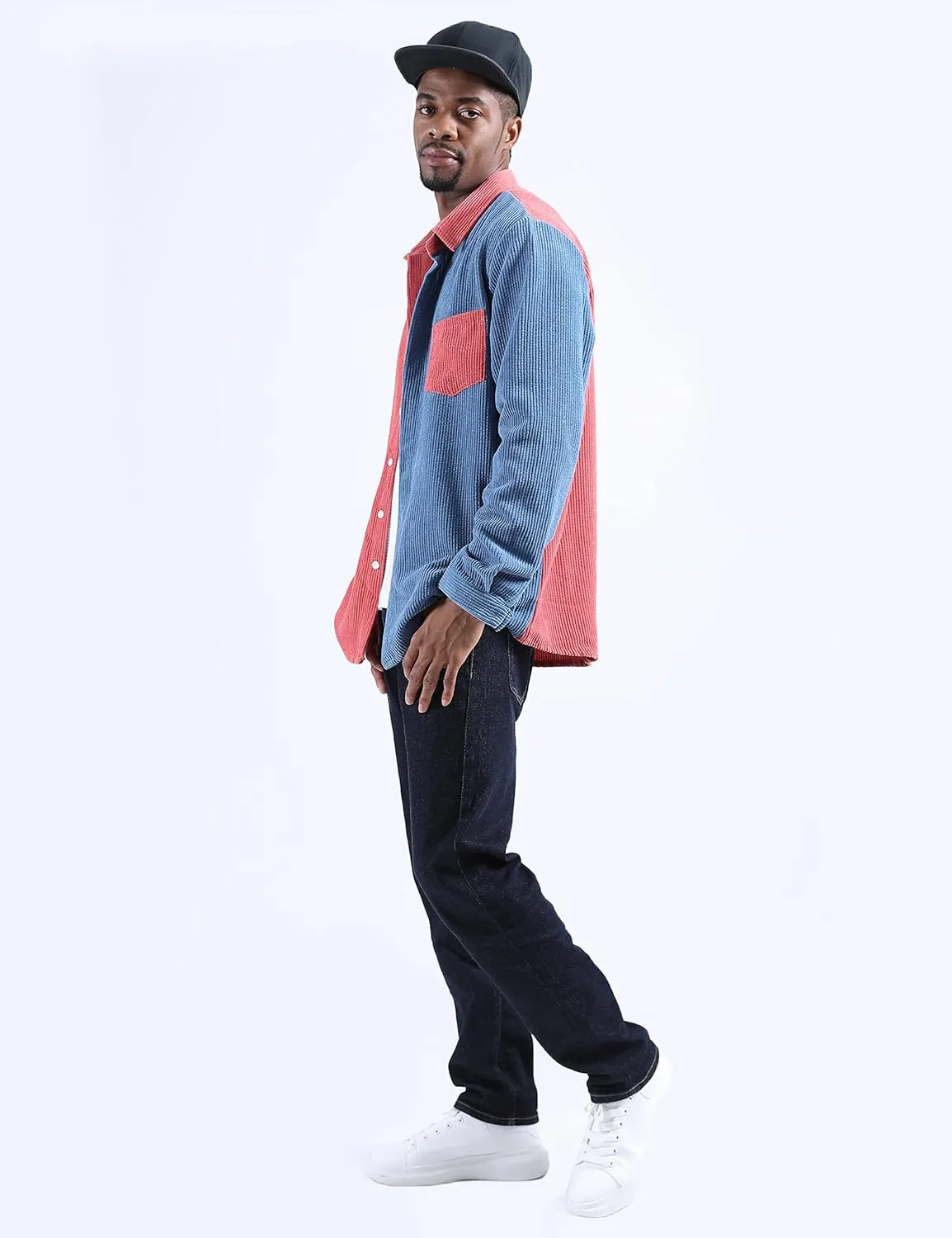 UANEO Mens Shacket Patchwork Long Sleeve Button Down Corduroy Shirts for Men