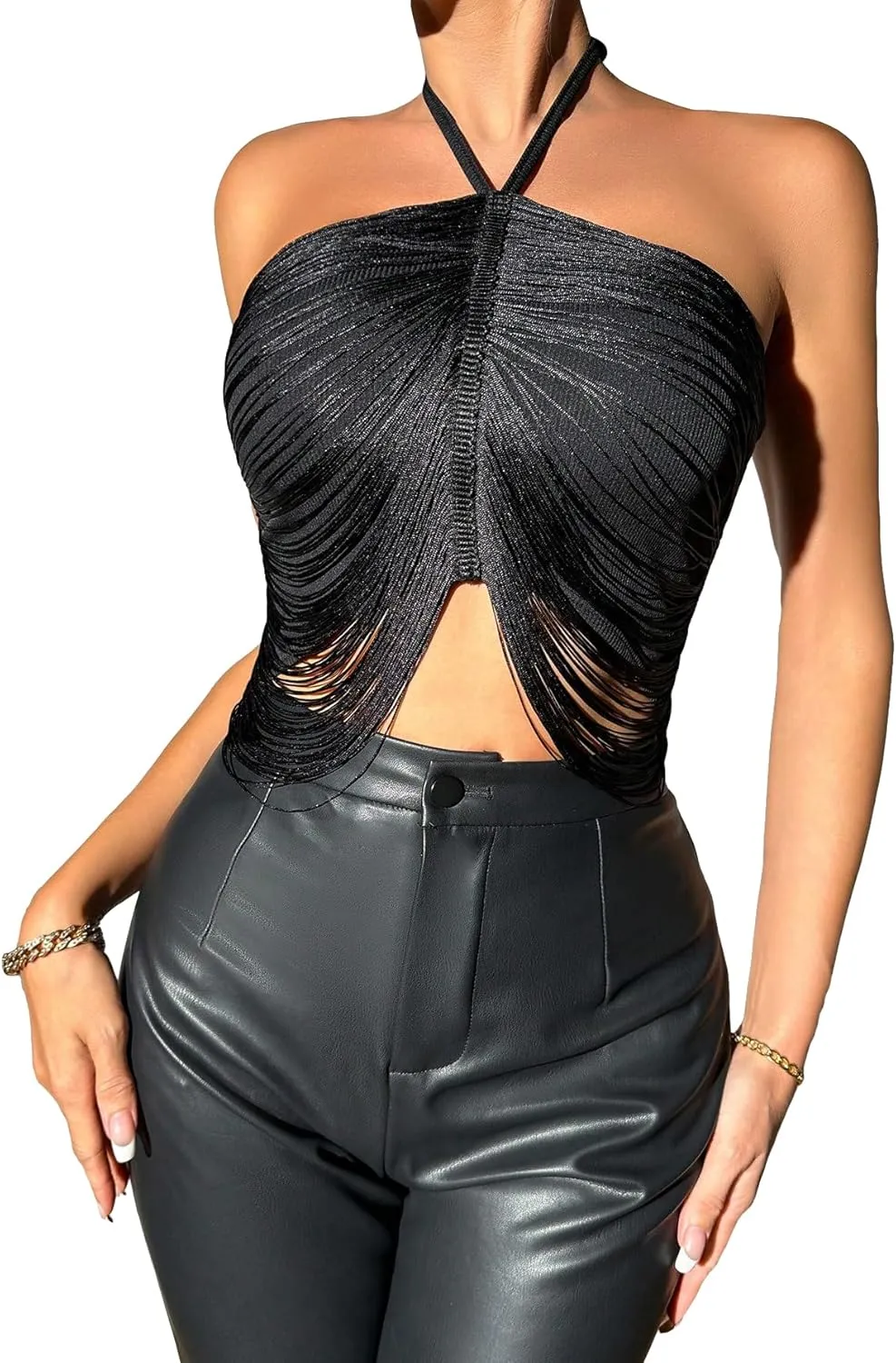WDIRARA Women's Fringe Trim Tie Back Halter Top Asymmetrical Hem Sleeveless Crop Party Tops