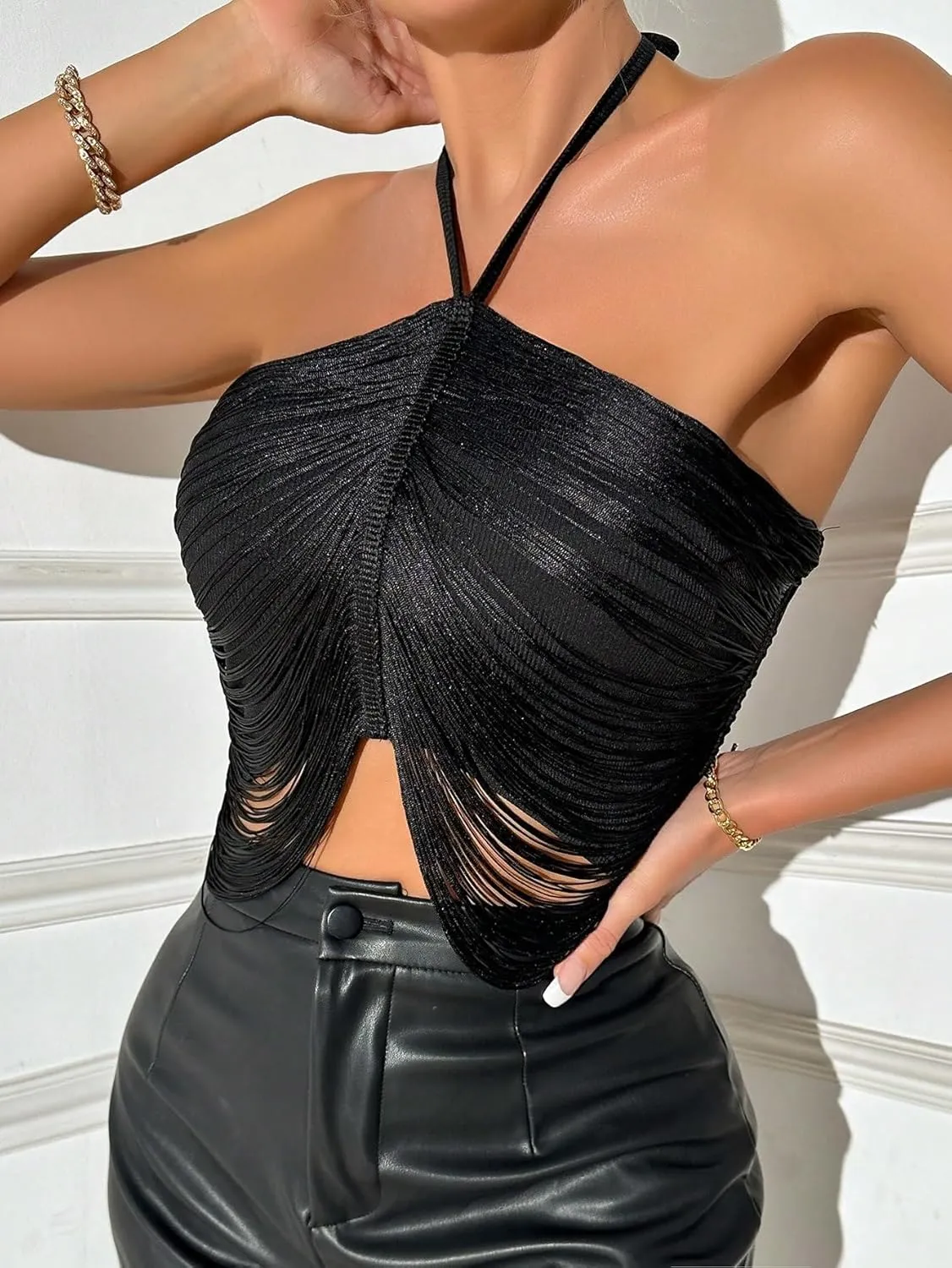 WDIRARA Women's Fringe Trim Tie Back Halter Top Asymmetrical Hem Sleeveless Crop Party Tops