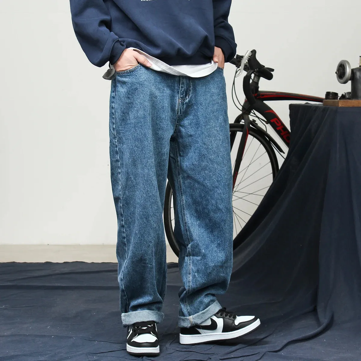Wiaofellas  -  Japan fashion Fashion Brand Retro Washed Straight Jeans Men's Ciboy Youth Versatile Wide Leg Jeans Daddy Pants