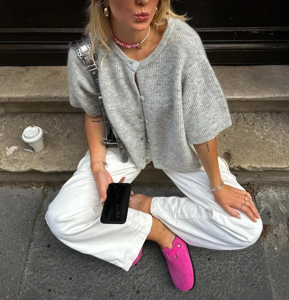 Women Casual Button Down Knit Cardigan Short Sleeve Round Neck Lightweight Crop Top Y2k Loose Sweater Cardigans