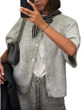 Women Casual Button Down Knit Cardigan Short Sleeve Round Neck Lightweight Crop Top Y2k Loose Sweater Cardigans