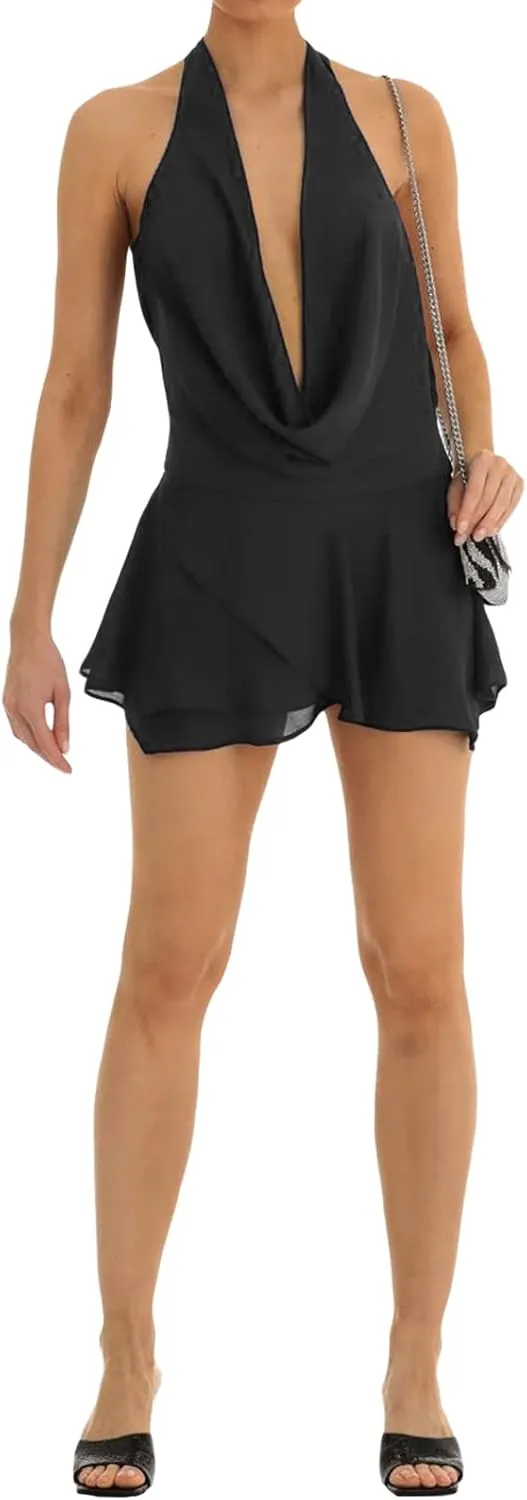 Women Halter V Neck Mini Dress Sexy Sleeveless Backless Slim Fit Party Club Short Dress Y2K Beach Sundress