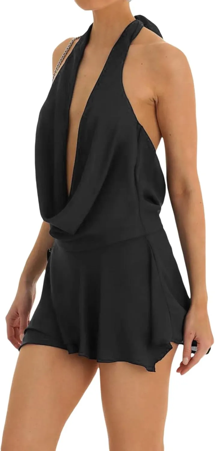 Women Halter V Neck Mini Dress Sexy Sleeveless Backless Slim Fit Party Club Short Dress Y2K Beach Sundress