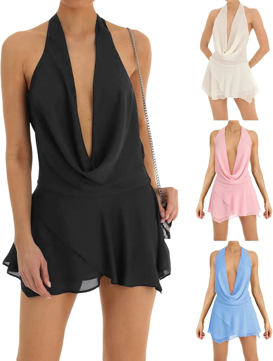 Women Halter V Neck Mini Dress Sexy Sleeveless Backless Slim Fit Party Club Short Dress Y2K Beach Sundress