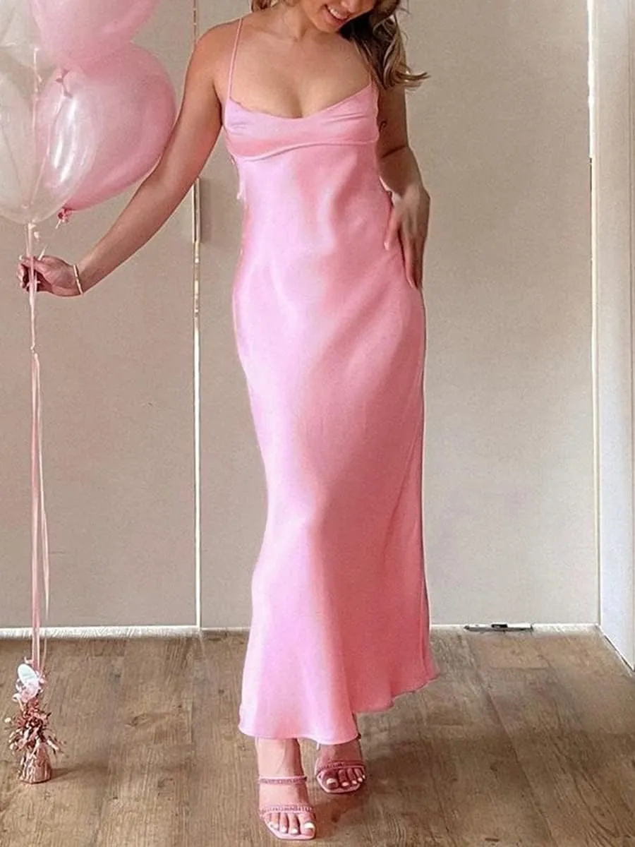 Women Satin Midi Corset Cutout Dresses Elegant Cocktail Wedding Guest Spaghetti Strap Slip Dress with Slits