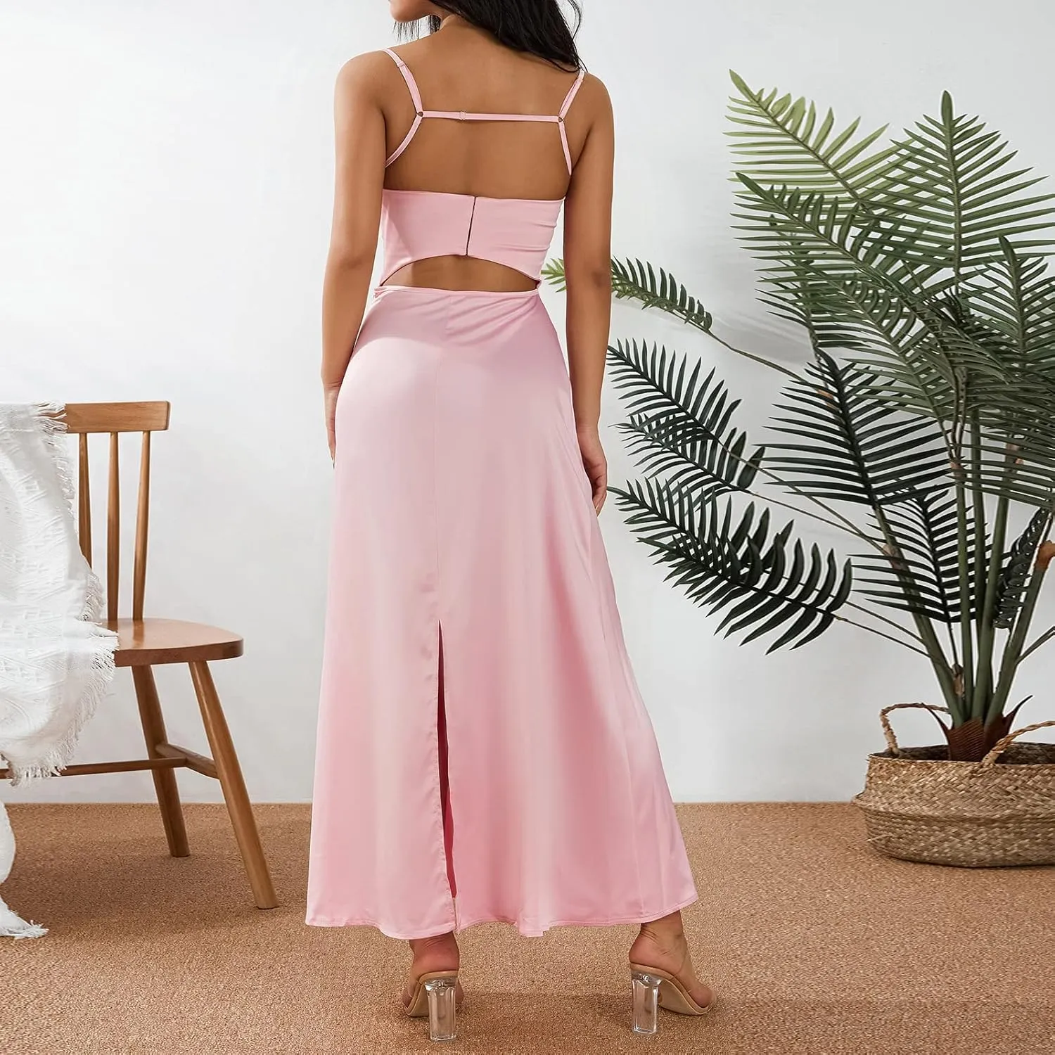 Women Satin Midi Corset Cutout Dresses Elegant Cocktail Wedding Guest Spaghetti Strap Slip Dress with Slits