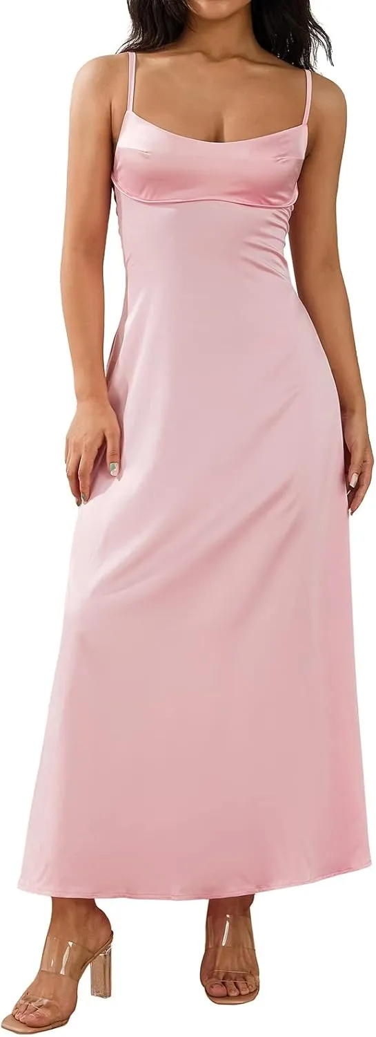 Women Satin Midi Corset Cutout Dresses Elegant Cocktail Wedding Guest Spaghetti Strap Slip Dress with Slits