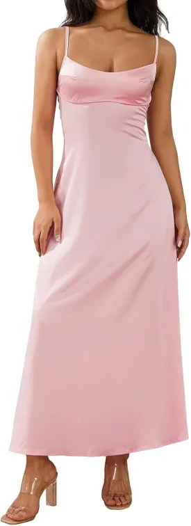Women Satin Midi Corset Cutout Dresses Elegant Cocktail Wedding Guest Spaghetti Strap Slip Dress with Slits