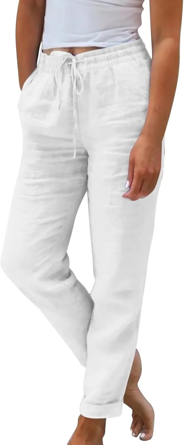 Womens Cotton Linen Cropped Pants 2025 Summer Lounge High Waisted Stretch Capris Drawstring Trousers with Pocket