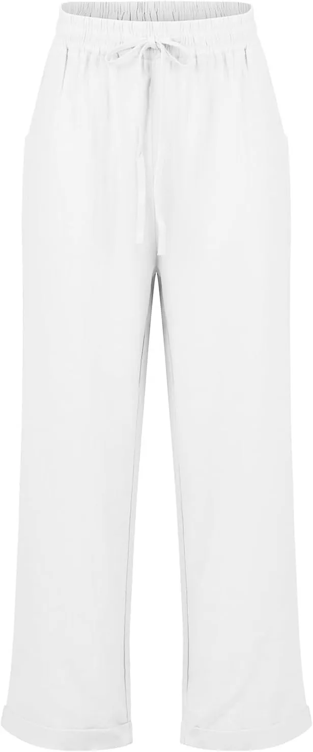 Womens Cotton Linen Cropped Pants 2025 Summer Lounge High Waisted Stretch Capris Drawstring Trousers with Pocket
