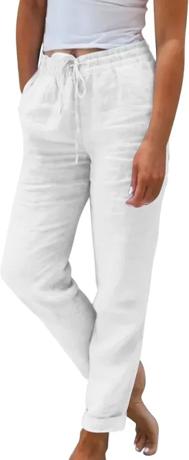 Womens Cotton Linen Cropped Pants 2025 Summer Lounge High Waisted Stretch Capris Drawstring Trousers with Pocket