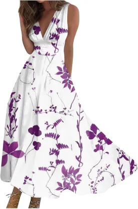 Womens Dresses Flowy Ruched Floral Print Boho Dress Wrap V Neck Sleeveless Sundress Elegant Beach Dresses