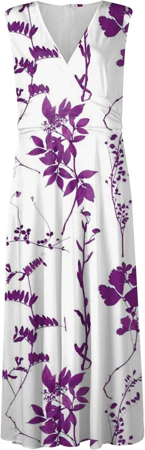 Womens Dresses Flowy Ruched Floral Print Boho Dress Wrap V Neck Sleeveless Sundress Elegant Beach Dresses
