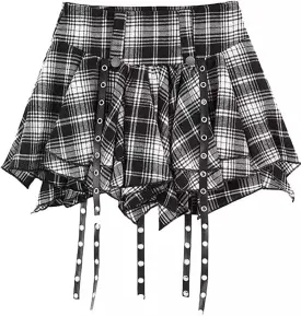Women's Gothic Punk Skirt High Waist Mini Plaid Pleated Skirt Y2K Ruffles Fairy Grunge A-Line Skater Skirts