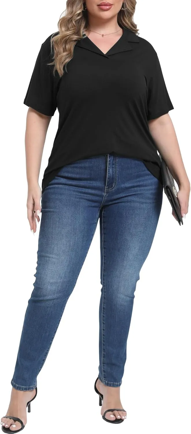 Womens Plus Size Collared Neck Polo Shirts Summer Short Sleeve Tops Loose Work Casual Dressy T Shirts