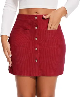 Womens Vintage High Waist Button Corduroy A-line Skirt Bodycon Mini Pencil Skirt with Pockets