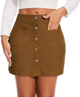 Womens Vintage High Waist Button Corduroy A-line Skirt Bodycon Mini Pencil Skirt with Pockets