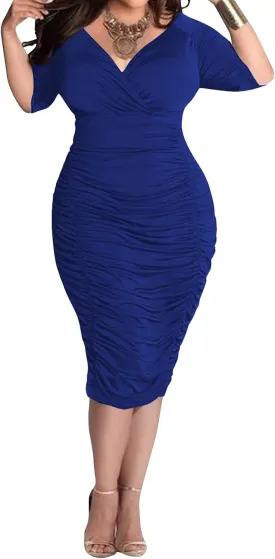 Yajedo Women's Plus Size Bodycon Sexy V Neck Short Sleeve Ruched Cocktail Midi Dresses