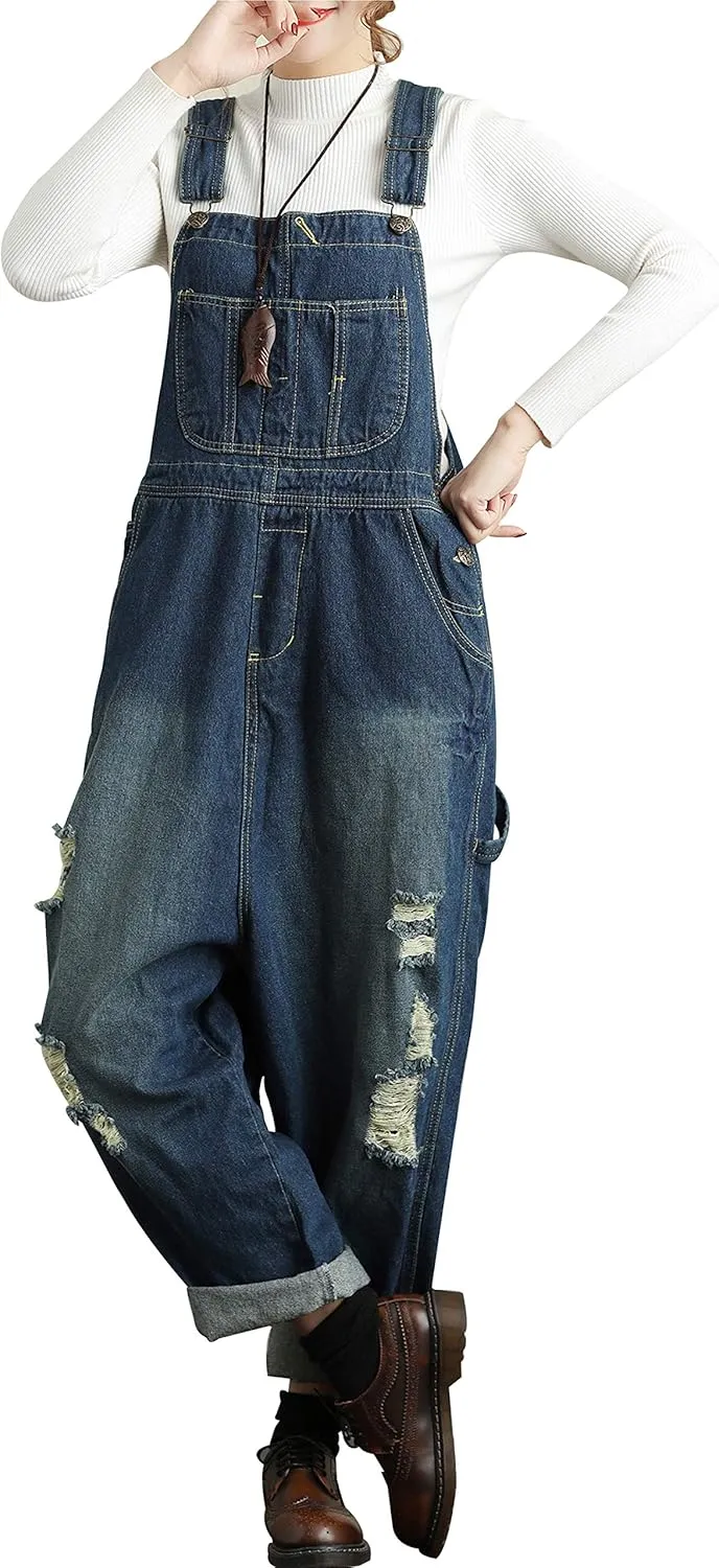 Yeokou Women's Loose Baggy Denim Wide Leg Drop Crotch Jumpsuit Rompers Overalls