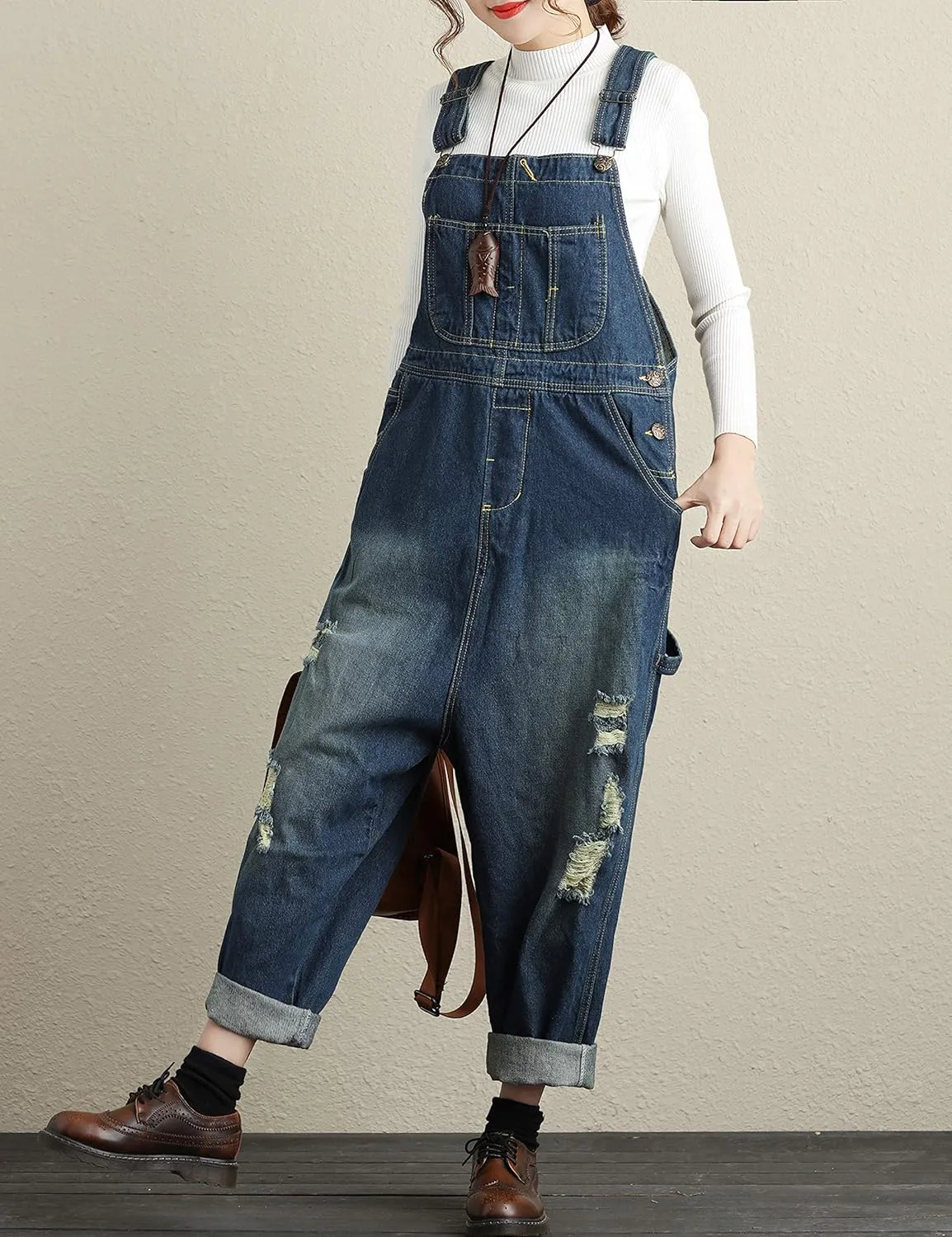 Yeokou Women's Loose Baggy Denim Wide Leg Drop Crotch Jumpsuit Rompers Overalls