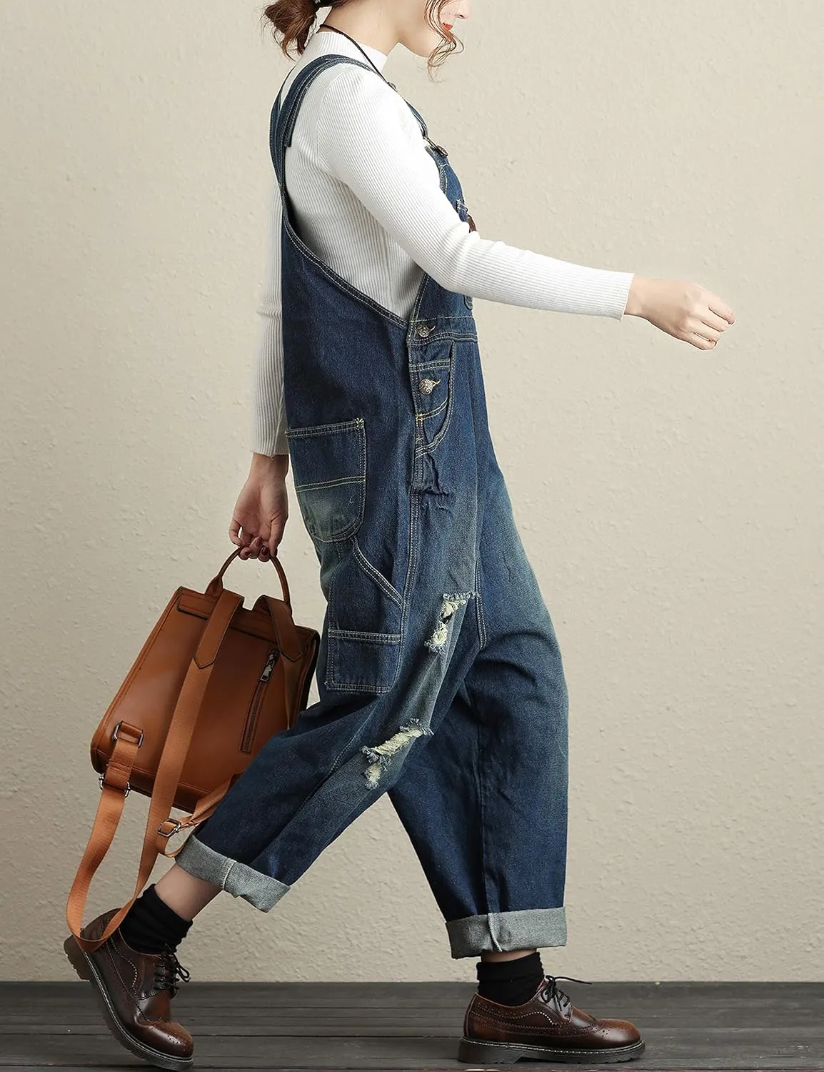 Yeokou Women's Loose Baggy Denim Wide Leg Drop Crotch Jumpsuit Rompers Overalls