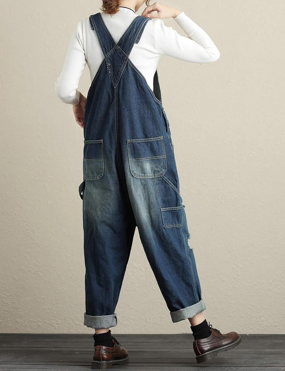 Yeokou Women's Loose Baggy Denim Wide Leg Drop Crotch Jumpsuit Rompers Overalls