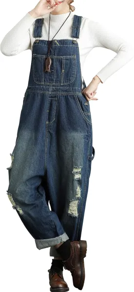 Yeokou Women's Loose Baggy Denim Wide Leg Drop Crotch Jumpsuit Rompers Overalls